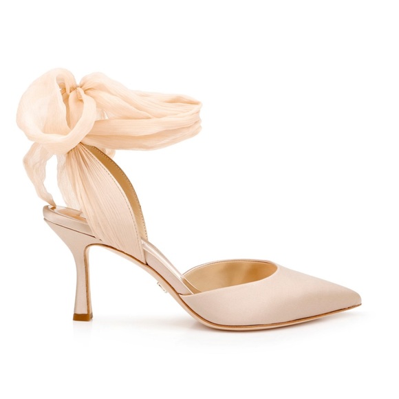 Badgley Mischka Blaze Satin Bow Stilettos in Latte - Picture 2 of 7